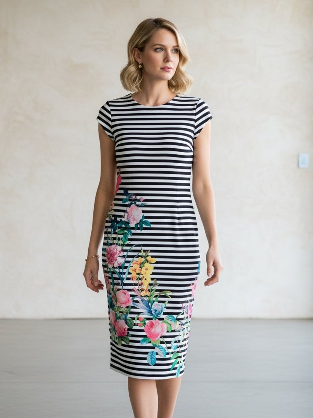 ECI New York Size 4 Midi Dress Black White Striped Floral Stretch Cap Sleeve